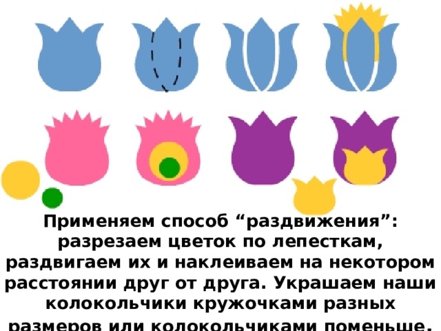 Применяем способ “раздвижения”: разрезаем цветок по лепесткам, раздвигаем их и наклеиваем на некотором расстоянии друг от друга. Украшаем наши колокольчики кружочками разных размеров или колокольчиками поменьше . 