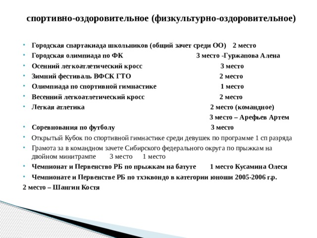 спортивно-оздоровительное (физкультурно-оздоровительное)   Городская спартакиада школьников (общий зачет среди ОО) 2 место Городская олимпиада по ФК 3 место -Гуржапова Алена Осенний легкоатлетический кросс 3 место Зимний фестиваль ВФСК ГТО 2 место Олимпиада по спортивной гимнастике 1 место Весенний легкоатлетический кросс 2 место Легкая атлетика 2 место (командное)  3 место – Арефьев Артем Соревнования по футболу 3 место Открытый Кубок по спортивной гимнастике среди девушек по программе 1 сп разряда Грамота за в командном зачете Сибирского федерального округа по прыжкам на двойном минитрампе 3 место 1 место Чемпионат и Первенство РБ по прыжкам на батуте 1 место Кусамина Олеся Чемпионате и Первенстве РБ по тхэквондо в категории юноши 2005-2006 г.р. 2 место – Шангин Костя 