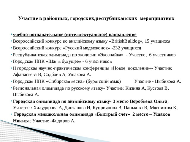 Участие в районных, городских,республиканских мероприятиях учебно-познавательное (интеллектуальное) направление   Всероссийский конкурс по английскому языку «BritishBulldog», 15 учащихся Всероссийский конкурс «Русский медвежонок» -232 учащихся Республиканская олимпиада по экологии «Экознайка» - Участие, 6 участников  Городская НПК «Шаг в будущее» - 6 участников  II городская научно-практическая конференция «Новое поколение»- Участие: Афанасьева В, Содбоев А, Ушакова А.  Городская НПК «Сибирская весна» (бурятский язык) Участие - Цыбикова А. Региональная олимпиада по русскому языку- Участие: Кизина А, Кустова В, Цыбикова А.  Городская олимпиада по английскому языку- 3 место Воробьева Ольга ; Участие : Халудорова А, Данзанова И, Куприянова В, Панькова В, Мясникова К,   Городская межшкольная олимпиада «Быстрый счет» 2 место – Ушаков Никита ; Участие -Федоров А. 