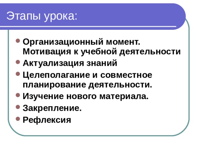 Организационный момент. Мотивация к учебной деятельности Актуализация знаний  Целеполагание и совместное планирование деятельности.  Изучение нового материала.  Закрепление. Рефлексия