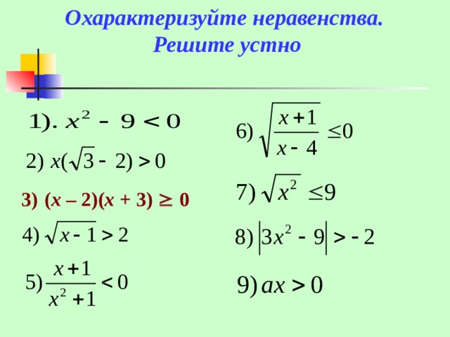 Охарактеризуйте неравенства. Решите устно    3)  ( x   –   2)( x   +   3)      0