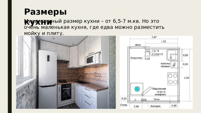 Размеры кухни Минимальный размер кухни – от 6,5-7 м.кв. Но это очень маленькая кухня, где едва можно разместить мойку и плиту. 