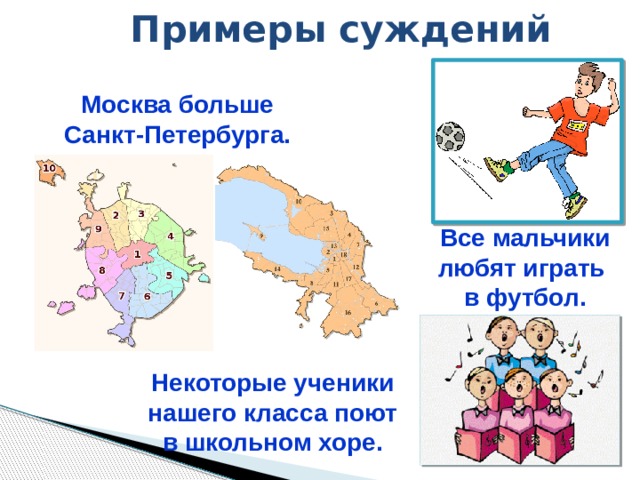 Примеры суждений Москва больше Санкт-Петербурга. Все мальчики любят играть  в футбол. Некоторые ученики нашего класса поют в школьном хоре. 