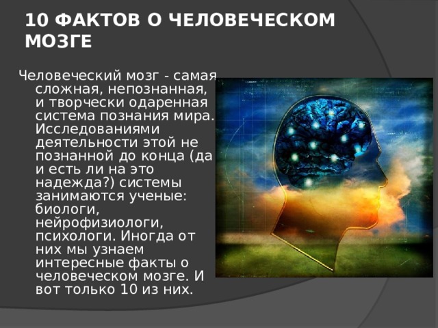 10 ФАКТОВ О ЧЕЛОВЕЧЕСКОМ МОЗГЕ   Человеческий мозг - самая сложная, непознанная, и творчески одаренная система познания мира. Исследованиями деятельности этой не познанной до конца (да и есть ли на это надежда?) системы занимаются ученые: биологи, нейрофизиологи, психологи. Иногда от них мы узнаем интересные факты о человеческом мозге. И вот только 10 из них. 