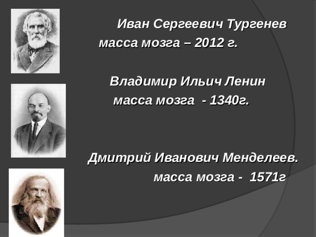  Иван Сергеевич Тургенев  масса мозга – 2012 г.   Владимир Ильич Ленин  масса мозга - 1340г.    Дмитрий Иванович Менделеев.  масса мозга - 1571г 