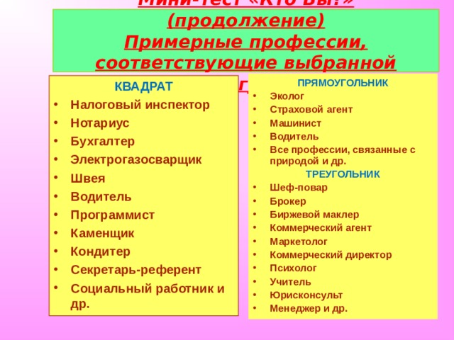 Мини-тест «Кто Вы?» (продолжение)  Примерные профессии, соответствующие выбранной фигуре ПРЯМОУГОЛЬНИК Эколог Страховой агент Машинист Водитель Все профессии, связанные с природой и др. ТРЕУГОЛЬНИК Шеф-повар Брокер Биржевой маклер Коммерческий агент Маркетолог Коммерческий директор Психолог Учитель Юрисконсульт Менеджер и др. КВАДРАТ Налоговый инспектор Нотариус Бухгалтер Электрогазосварщик Швея Водитель Программист Каменщик Кондитер Секретарь-референт Социальный работник и др. 