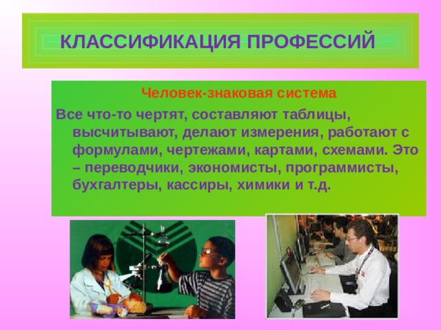 КЛАССИФИКАЦИЯ ПРОФЕССИЙ Человек-знаковая система Все что-то чертят, составляют таблицы, высчитывают, делают измерения, работают с формулами, чертежами, картами, схемами. Это – переводчики, экономисты, программисты, бухгалтеры, кассиры, химики и т.д. 