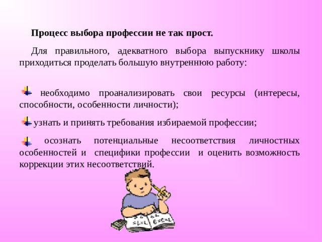 Процесс выбора профессии не так прост.  Для правильного, адекватного выбора выпускнику школы приходиться проделать большую внутреннюю работу:  необходимо проанализировать свои ресурсы (интересы, способности, особенности личности);  узнать и принять требования избираемой профессии;  осознать потенциальные несоответствия личностных особенностей и специфики профессии и оценить возможность коррекции этих несоответствий. 