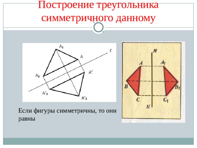 Построение треугольника симметричного данному Если фигуры симметричны, то они равны 