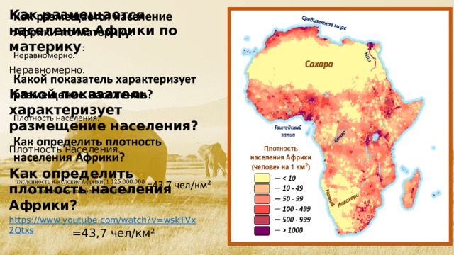   Как размещается население Африки по материку : Неравномерно. Какой показатель характеризует размещение населения? Плотность населения. Как определить плотность населения Африки?  =43,7 чел/км² https://www.youtube.com/watch?v=wskTVx2Qtxs  