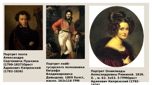 Портрет поэта Александра Сергеевича Пушкина (1799-1837)Орест Адамович Кипренский (1782-1836) Портрет лейб-гусарского полковника Евграфа Владимировича Давыдова. 1809 Холст, масло. 162х116 ГРМ Портрет Олимпиады Александровны Рюминой. 1826. Х. , м. 62. 3х53. 5 ГРМОрест Адамович Кипренский (1782-1836) 