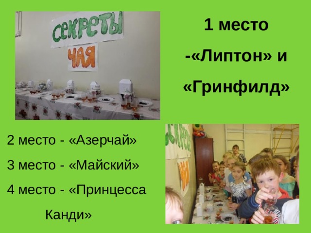 1 место -«Липтон» и «Гринфилд» 2 место - «Азерчай» 3 место - «Майский» 4 место - «Принцесса Канди» 
