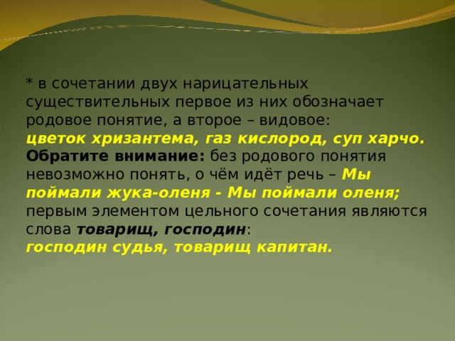 * в сочетании двух нарицательных существительных первое из них обозначает родовое понятие, а второе – видовое: цветок хризантема, газ кислород, суп харчо. Обратите внимание:  без родового понятия невозможно понять, о чём идёт речь –  Мы поймали жука-оленя - Мы поймали оленя; первым элементом цельного сочетания являются слова  товарищ, господин : господин судья, товарищ капитан. 