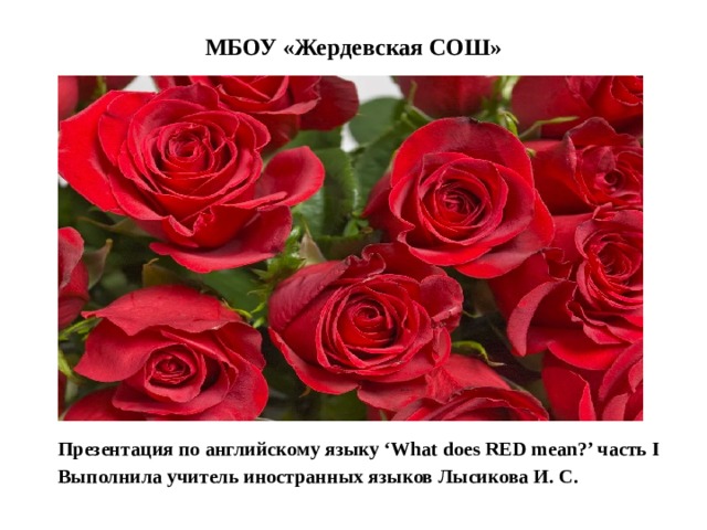 МБОУ «Жердевская СОШ» Презентация по английскому языку ‘What does RED mean?’ часть I  Выполнила учитель иностранных языков Лысикова И. С. 