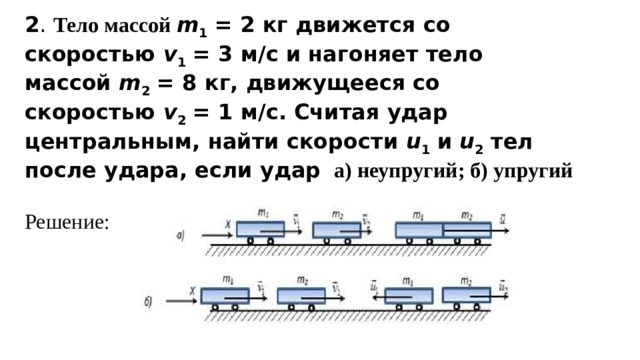 2 . Тело массой  m 1  = 2 кг движется со скоростью  v 1  = 3 м/с и нагоняет тело массой  m 2  = 8 кг, движущееся со скоростью  v 2  = 1 м/с. Считая удар центральным, найти скорости  u 1  и  u 2  тел после удара, если удар  а) неупругий; б) упругий  Решение: 