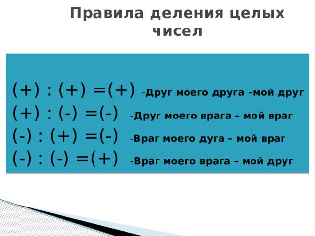 Правила деления целых чисел (+) : (+) =(+) - Друг моего друга –мой друг (+) : (-) =(-) - Друг моего врага – мой враг (-) : (+) =(-) - Враг моего дуга – мой враг  (-) : (-) =(+) - Враг моего врага – мой друг 