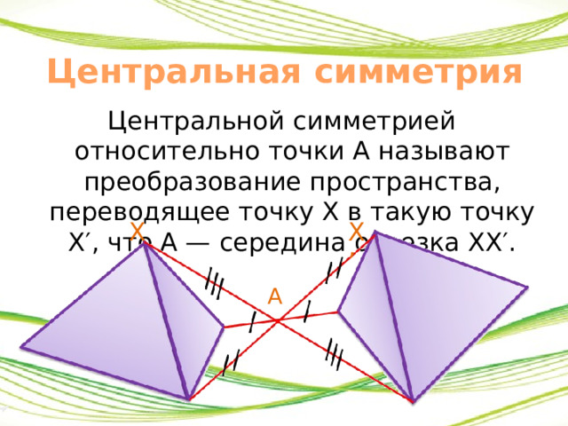 Центральная симметрия Центральной симметрией относительно точки A называют преобразование пространства, переводящее точку X в такую точку X′, что A — середина отрезка XX′. X X’ А 