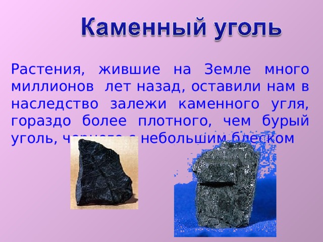 Растения, жившие на Земле много миллионов лет назад, оставили нам в наследство залежи каменного угля, гораздо более плотного, чем бурый уголь, черного с небольшим блеском 