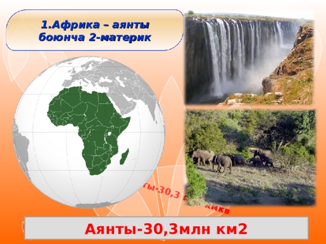 Аянты-30,3 млн кмкв 1. Африка – аянты боюнча 2-материк Аянты-30,3млн км2 