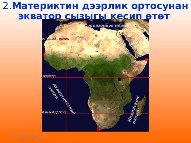 2. Материктин дээрлик ортосунан экватор сызыгы кесип өтөт Атлантический океан Индийский океан Средиземное море сев ерный тропик экватор южный тропик Географическое положение Африки  