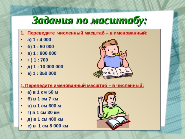 Задания по масштабу: Переведите численный масштаб – в именованный: а) 1 : 4 000 б) 1 : 50 000 в) 1 : 900 000 г ) 1 : 700 д) 1 : 10 000 000 е) 1 : 350 000  2 . Переведите именованный масштаб – в численный: а) в 1 см 50 м б) в 1 см 7 км в) в 1 см 600 м г) в 1 см 30 км д) в 1 см 400 км е) в 1 см 8 000 км 