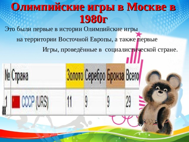 Олимпийские игры в Москве в 1980г  Это были первые в истории Олимпийские игры на территории Восточной Европы, а также первые Игры, проведённые в социалистической стране. 