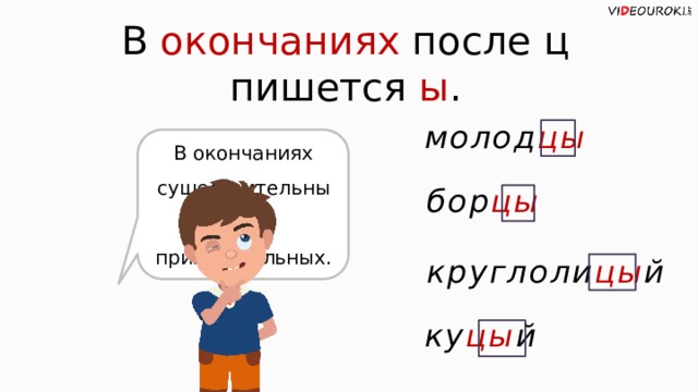 В окончаниях после ц пишется ы . молод цы В окончаниях существительных и прилагательных. бор цы круглоли цы й ку цы й  