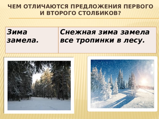 Чем отличаются предложения первого и второго столбиков?   Зима замела. Снежная зима замела все тропинки в лесу.  