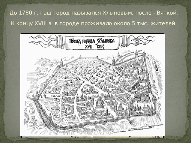 До 1780 г. наш город назывался Хлыновым, после - Вяткой. К концу XVIII в. в городе проживало около 5 тыс. жителей План г.Хлынова, 1759 г . 