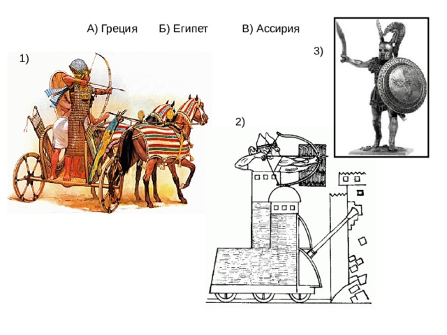 А) Греция Б) Египет В) Ассирия 3) 1) 2) 