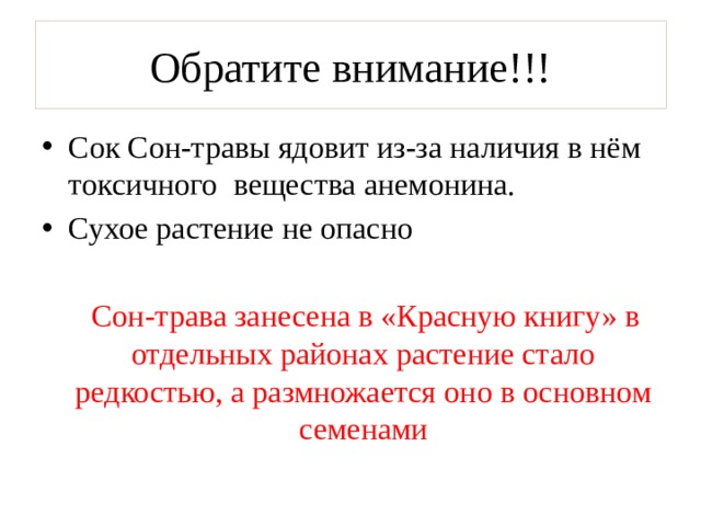 Обратите внимание!!! Сок Сон-травы ядовит из-за наличия в нём токсичного вещества анемонина. Сухое растение не опасно  Сон-трава занесена в «Красную книгу» в отдельных районах растение стало редкостью, а размножается оно в основном семенами 