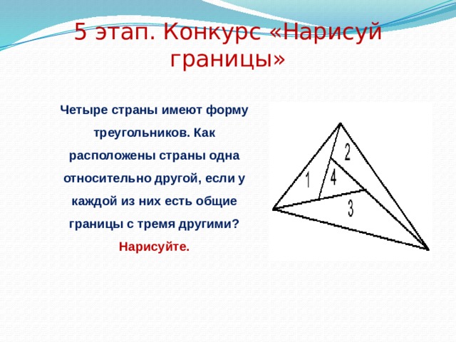 5 этап. Конкурс «Нарисуй границы» Четыре страны имеют форму треугольников. Как расположены страны одна относительно другой, если у каждой из них есть общие границы с тремя другими? Нарисуйте. 