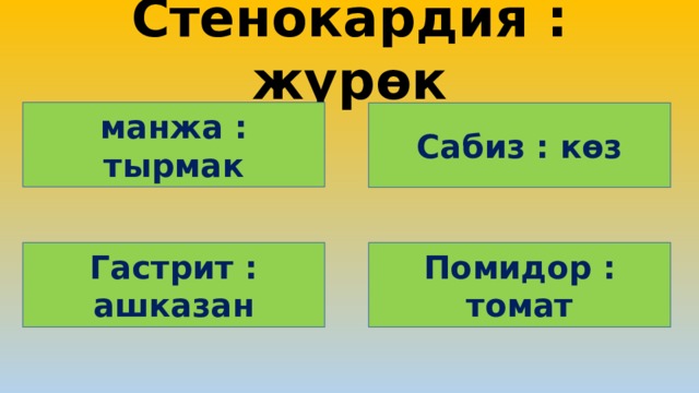 Стенокардия : жүрөк манжа : тырмак Сабиз : көз Помидор : томат Гастрит : ашказан 