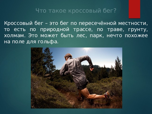 Что такое кроссовый бег? Кроссовый бег – это бег по пересечённой местности, то есть по природной трассе, по траве, грунту, холмам. Это может быть лес, парк, нечто похожее на поле для гольфа. 