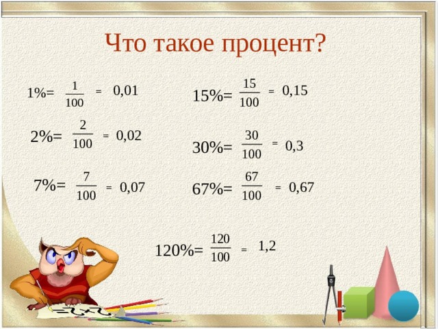 Что такое процент? 1%=  0,15 0,01 15%= 2%= 0,02 30%= 0,3 7%= 67%= 0,07 0,67 1,2 120%= 