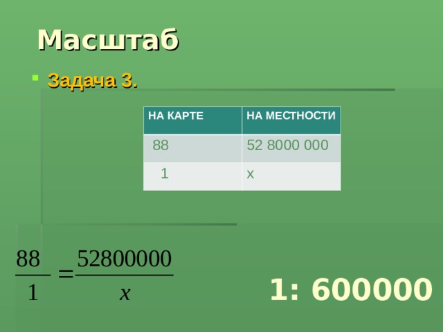  Масштаб Задача 3.  НА КАРТЕ НА МЕСТНОСТИ  88 52 8000 000  1 х 1: 600000 