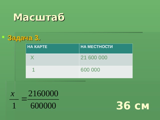  Масштаб Задача 3.  НА КАРТЕ НА МЕСТНОСТИ  Х 21 600 000  1 600 000 36 см 