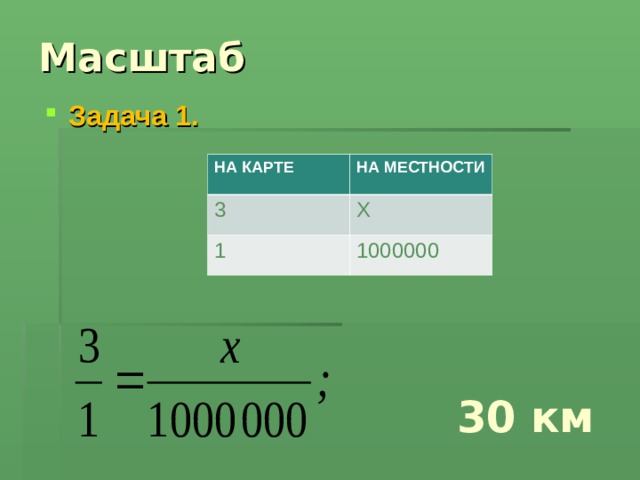 Масштаб Задача 1.  НА КАРТЕ НА МЕСТНОСТИ 3 Х 1 1000000 30 км 