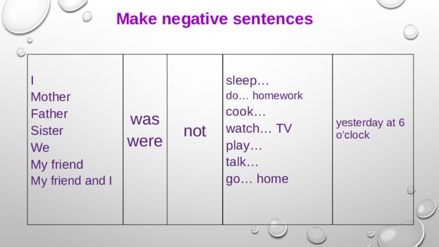 Make negative sentences I Mother Father sleep… was Sister were not We do… homework cook… My friend watch… TV My friend and I play… talk… yesterday at 6 o’clock go… home 