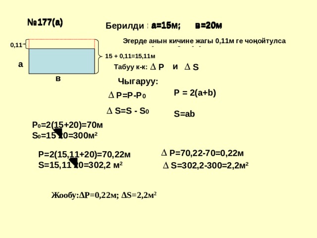     № 177(а) № 177(а) № 177(а) Дано: а=15м; в=20м Дано: а=15м; в=20м Дано: а=15м; в=20м Берилди Эгерде анын кичине жагы 0,11м ге чоңойтулса Меньшую сторону увеличили на 0,11м  0,11   15 + 0,11=15,11м а и S Р Табуу к-к: в Чыгаруу: P = 2(a+b)  S=ab Р=Р-Р 0 S=S - S 0 P 0 =2(15+20)=70м S 0 =15 20=300м 2 Р=70,22-70=0,22м P=2(15,11+20)=70,22м S=15,11 20=302,2 м 2 S=302,2-300=2,2м 2  Жообу: ∆P=0,22м; ∆S=2,2м 2 