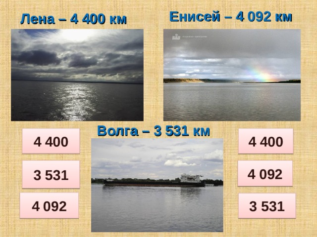 Лена – 4 400 км Енисей – 4 092 км Волга – 3 531 км 4 400 4 400 4 092 3 531 4 092 3 531 