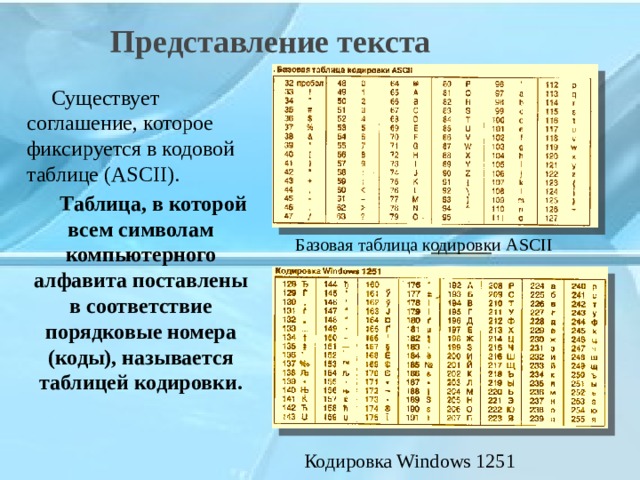  Представление текста  Существует соглашение, которое фиксируется в кодовой таблице (ASCII).  Таблица, в которой всем символам компьютерного алфавита поставлены в соответствие порядковые номера (коды), называется таблицей кодировки. Базовая таблица кодировки ASCII Кодировка Windows 1251 