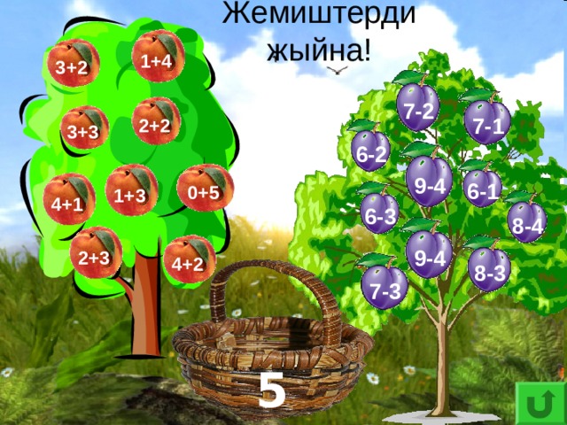 Жемиштерди жыйна! 1+4 3+2 7-2 7-1 2+2 3+3 6-2 9-4 6-1 0+5 1+3 4+1 6-3 8-4 9-4 2+3 4+2 8-3 7-3 5 