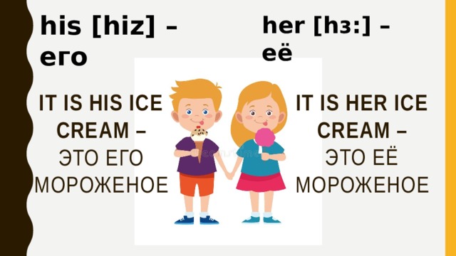 his [hiz] – его her [hɜ:] – её It is her ice cream – Это её мороженое It is his ice cream – Это его мороженое 
