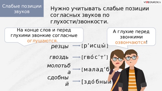 Слабые позиции звуков Нужно учитывать слабые позиции согласных звуков по глухости/звонкости. А глухие перед звонкими озвончаются ! На конце слов и перед глухими звонкие согласные оглушаются. [ р ’ исцы́ ] резцы [ гво́с ’ т ’ ] гвоздь [ малад ’ба́ ] молотьба сдобный [здо́бный́ ʼ ]  