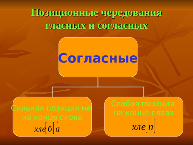 Позиционные чередования гласных и согласных Согласные Сильная позиция не на конце слова Слабая позиция на конце слова 