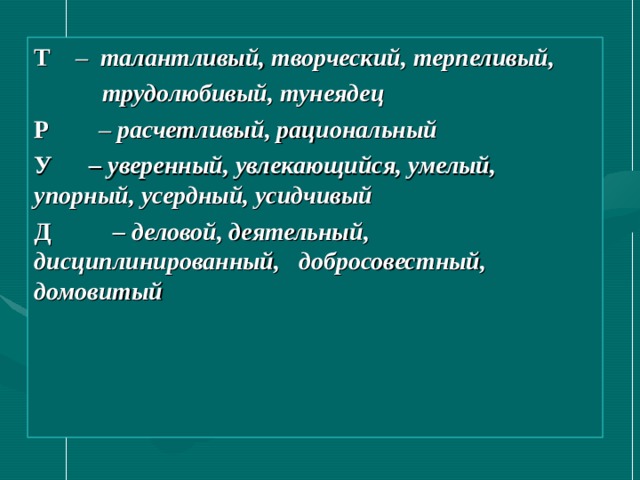 Т – талантливый, творческий, терпеливый,  трудолюбивый, тунеядец Р – расчетливый, рациональный У – уверенный, увлекающийся, умелый, упорный, усердный, усидчивый Д – деловой, деятельный, дисциплинированный, добросовестный, домовитый 