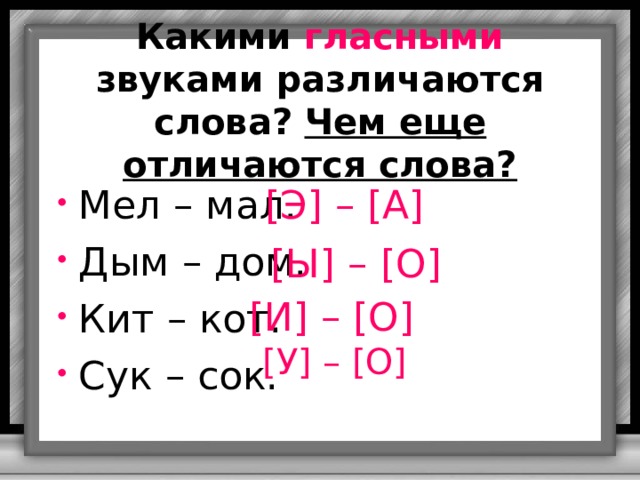 Отметь на схемах какими звуками различаются слова 1 класс