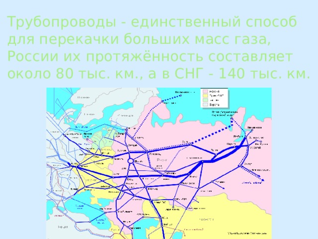 Трубопроводы - единственный способ для перекачки больших масс газа, России их протяжённость составляет около 80 тыс. км., а в СНГ - 140 тыс. км. 