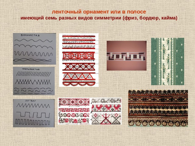  ленточный орнамент или в полосе  имеющий семь разных видов симметрии (фриз, бордюр, кайма) 